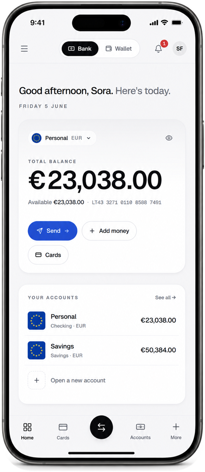 Sezvo app showing multi-currency accounts