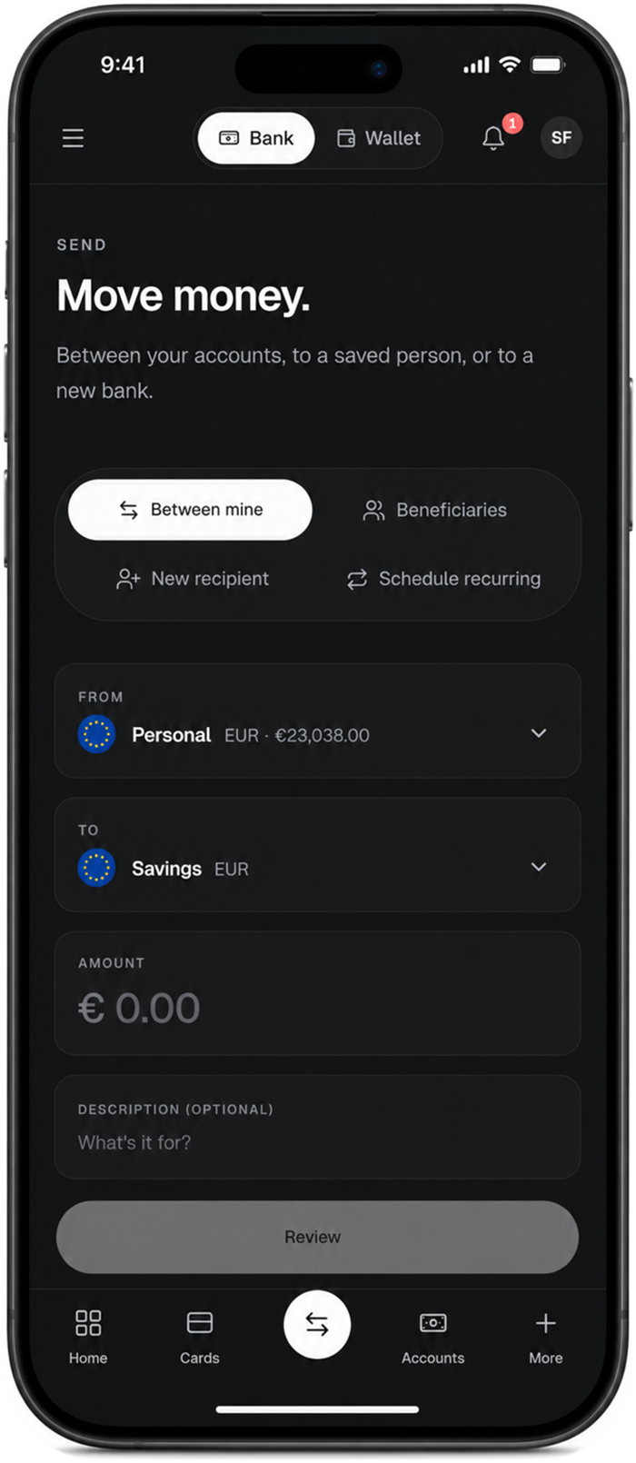 Sezvo app showing an instant transfer